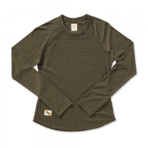 Dark Olive/Olive Stripe Tracksmith Horizon Long Sleeve Women's Shirts Singapore | CFPOX-7915