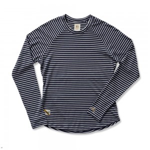 Navy/Ivory Stripe Tracksmith Horizon Long Sleeve Women's Shirts Singapore | KBWVO-0752