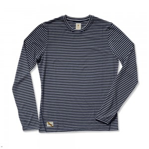 Navy/Ivory Stripe Tracksmith Horizon Long Sleeve Men's Shirts Singapore | YZFXG-7582