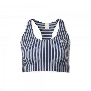 Navy Double Stripe Tracksmith Run Cannonball Run Women's Bra Singapore | FLNTS-4032