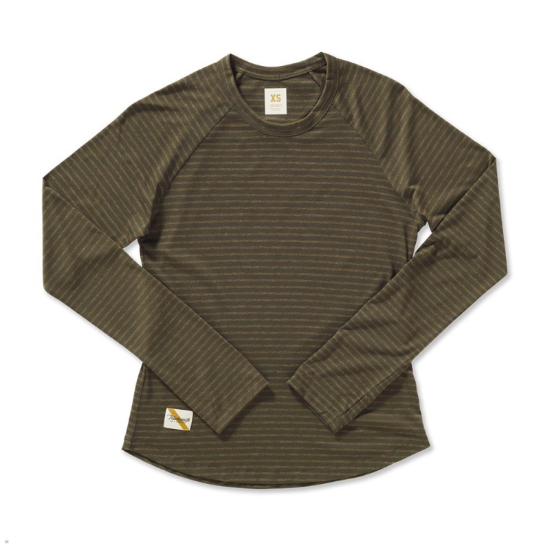 Dark Olive/Olive Stripe Tracksmith Horizon Long Sleeve Women\'s Shirts Singapore | CFPOX-7915