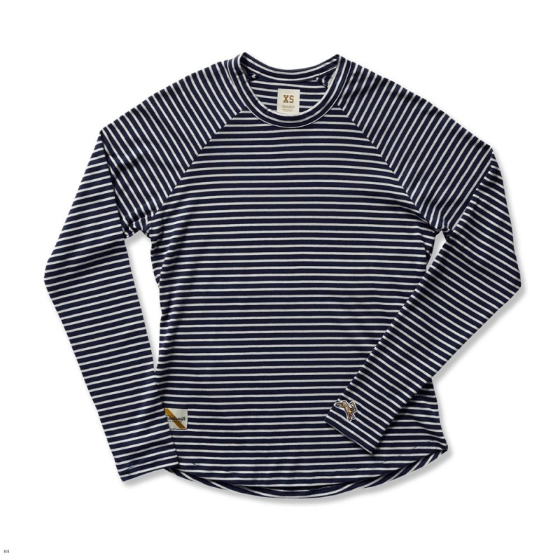 Navy/Ivory Stripe Tracksmith Horizon Long Sleeve Women\'s Shirts Singapore | KBWVO-0752