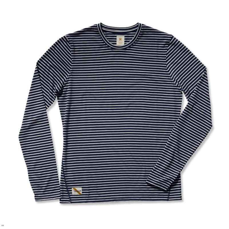 Navy/Ivory Stripe Tracksmith Horizon Long Sleeve Men\'s Shirts Singapore | YZFXG-7582